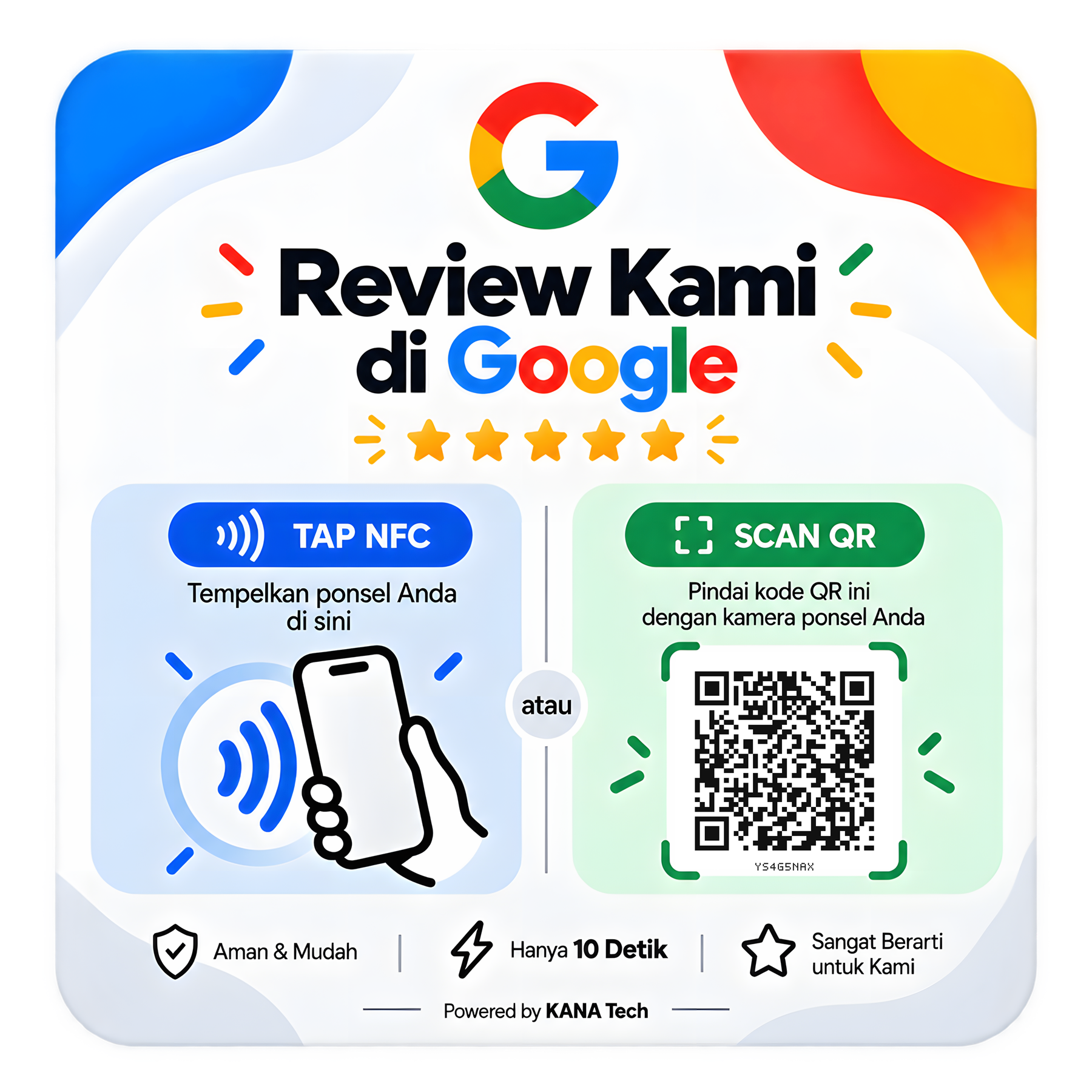 Media Google Review KANA Tech dengan petunjuk Tap NFC dan Scan QR